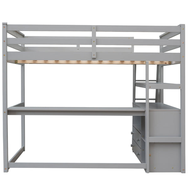 English Elm Full Full Size Loft Bed with Desk, Shelves and Two Storage Drawers – Solid Pine Craft, Modern Design Gray GX000416AAE