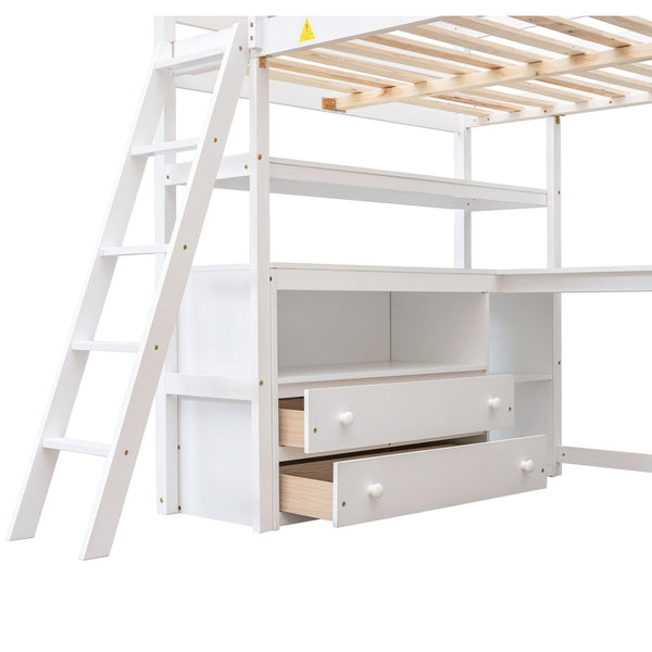 English Elm Full Full Size Loft Bed with Desk, Shelves and Two Storage Drawers – Solid Pine Craft, Modern Design White GX000416AAK