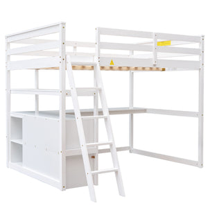 English Elm Full Full Size Loft Bed with Desk, Shelves and Two Storage Drawers – Solid Pine Craft, Modern Design White GX000416AAK