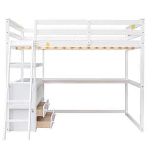 English Elm Full Full Size Loft Bed with Desk, Shelves and Two Storage Drawers – Solid Pine Craft, Modern Design White GX000416AAK