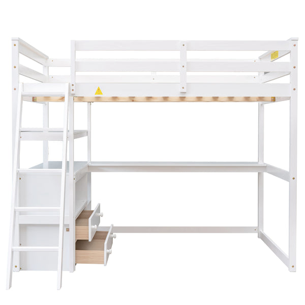 English Elm Full Full Size Loft Bed with Desk, Shelves and Two Storage Drawers – Solid Pine Craft, Modern Design White GX000416AAK