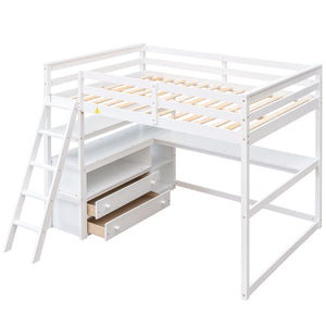 English Elm Full Full Size Loft Bed with Desk, Shelves and Two Storage Drawers – Solid Pine Craft, Modern Design White GX000416AAK