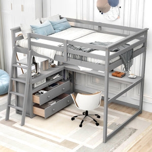 English Elm Full Full Size Loft Bed with Desk, Shelves and Two Storage Drawers – Solid Pine Craft, Modern Design Gray GX000416AAE