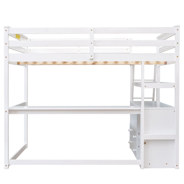 English Elm Full Full Size Loft Bed with Desk, Shelves and Two Storage Drawers – Solid Pine Craft, Modern Design White GX000416AAK