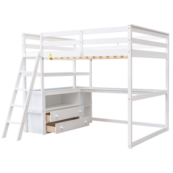 English Elm Full Full Size Loft Bed with Desk, Shelves and Two Storage Drawers – Solid Pine Craft, Modern Design White GX000416AAK
