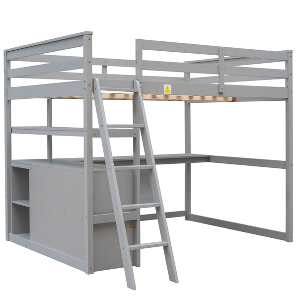 English Elm Full Full Size Loft Bed with Desk, Shelves and Two Storage Drawers – Solid Pine Craft, Modern Design Gray GX000416AAE