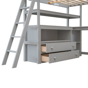 English Elm Full Full Size Loft Bed with Desk, Shelves and Two Storage Drawers – Solid Pine Craft, Modern Design Gray GX000416AAE