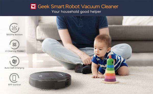English Elm Geek Smart Slim Robot Vacuum with App Control Auto Charging and 1800pa Suction Power W100263726