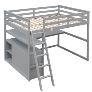 English Elm Full Full Size Loft Bed with Desk, Shelves and Two Storage Drawers – Solid Pine Craft, Modern Design Gray GX000416AAE