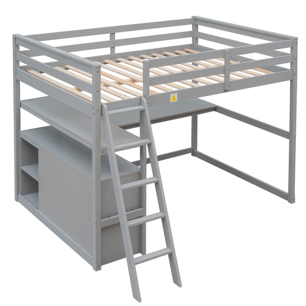 English Elm Full Full Size Loft Bed with Desk, Shelves and Two Storage Drawers – Solid Pine Craft, Modern Design Gray GX000416AAE