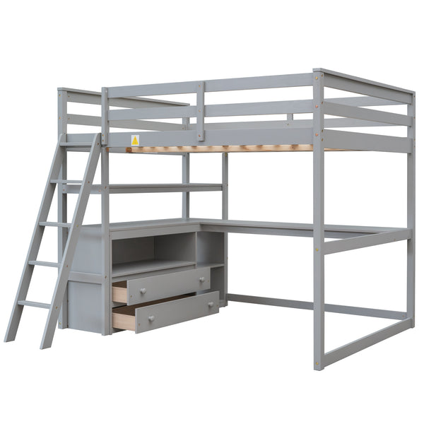 English Elm Full Full Size Loft Bed with Desk, Shelves and Two Storage Drawers – Solid Pine Craft, Modern Design Gray GX000416AAE