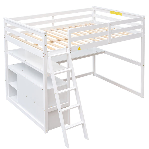 English Elm Full Full Size Loft Bed with Desk, Shelves and Two Storage Drawers – Solid Pine Craft, Modern Design White GX000416AAK