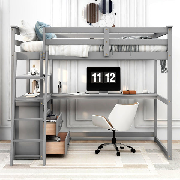 English Elm Full Full Size Loft Bed with Desk, Shelves and Two Storage Drawers – Solid Pine Craft, Modern Design Gray GX000416AAE