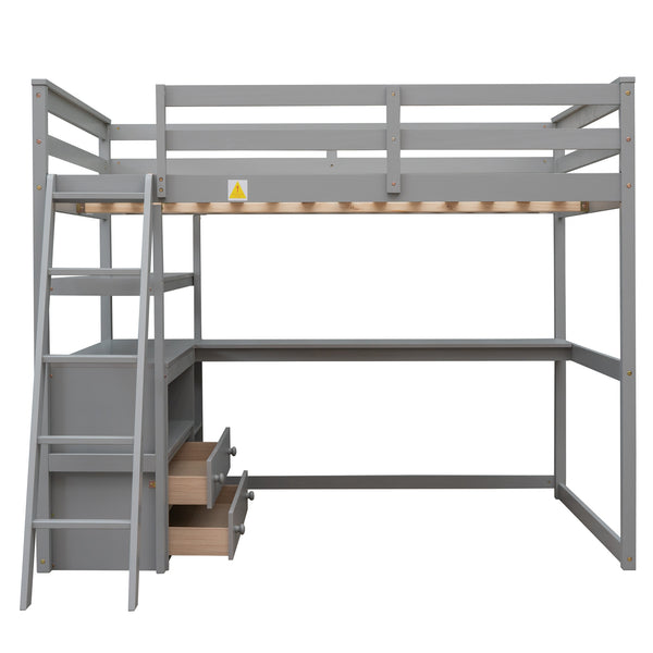English Elm Full Full Size Loft Bed with Desk, Shelves and Two Storage Drawers – Solid Pine Craft, Modern Design Gray GX000416AAE