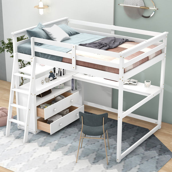 English Elm Full Full Size Loft Bed with Desk, Shelves and Two Storage Drawers – Solid Pine Craft, Modern Design White GX000416AAK