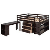 Moore Low Study Full Size Loft Bed with Cabinet and Rolling Portable Desk, Espresso