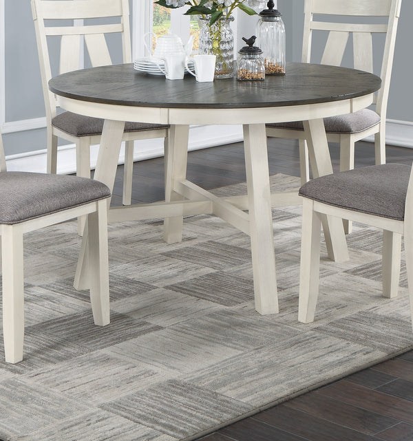 English Elm Dining Casual 6pc Dining Set with Round Table, Bench & 4 Cushioned Side Chairs, Rustic Modern Appeal Antique White+Gray 42 L x 20.5 W x 13 H B011S00188