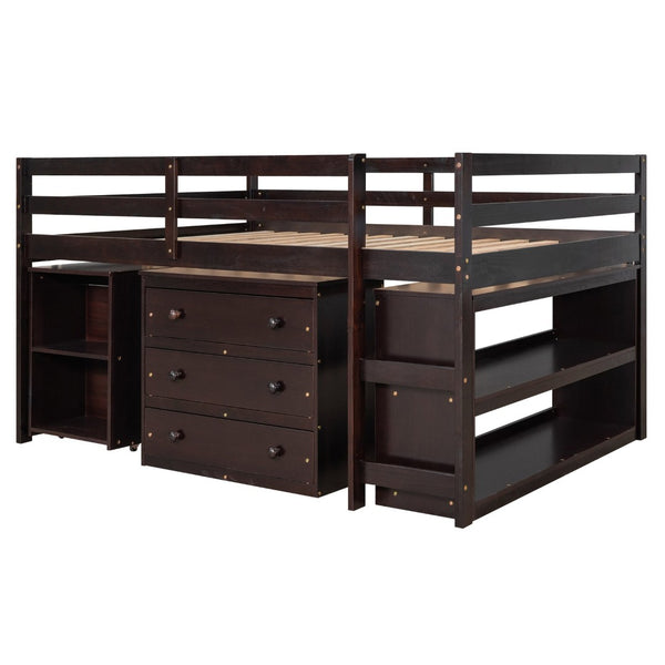 English Elm Low Full Loft Bed with Rolling Desk Storage Cabinet Kids Room Espresso Pine LT000313AAP