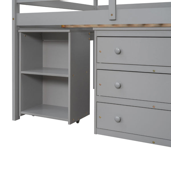 English Elm Low Full Loft Bed with Rolling Desk Storage Cabinet Kids Room Espresso Pine Gray LT000313AAE-1