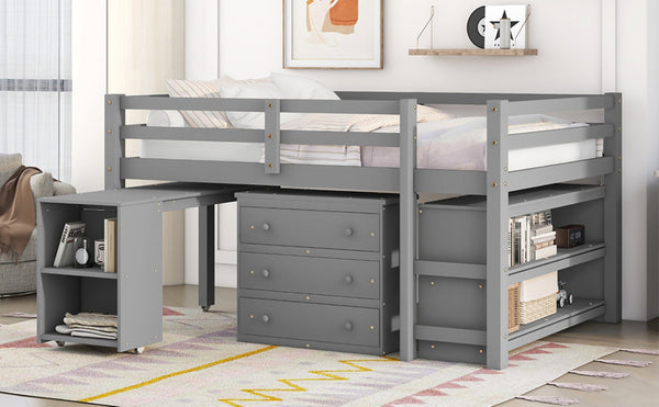English Elm Low Full Loft Bed with Rolling Desk Storage Cabinet Kids Room Espresso Pine LT000313AAE