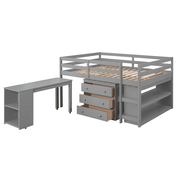English Elm Low Full Loft Bed with Rolling Desk Storage Cabinet Kids Room Espresso Pine LT000313AAE
