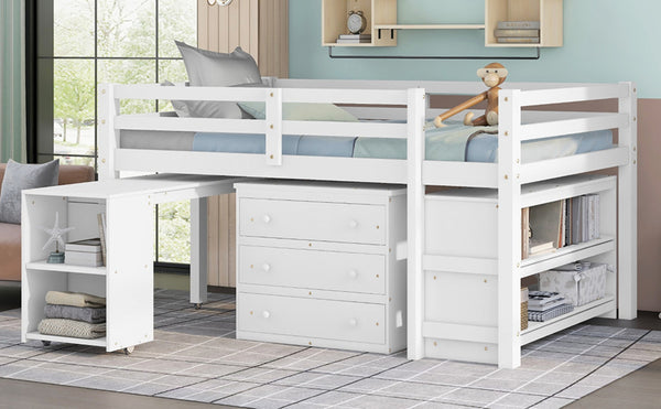 English Elm Low Full Loft Bed with Rolling Desk Storage Cabinet Kids Room Espresso Pine White LT000313AAK-1