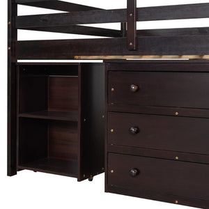 English Elm Low Full Loft Bed with Rolling Desk Storage Cabinet Kids Room Espresso Pine LT000313AAP-1
