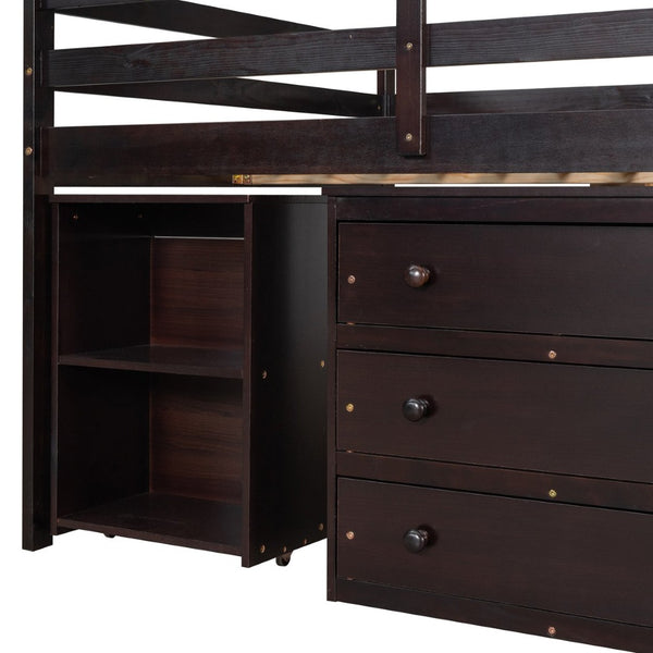 English Elm Low Full Loft Bed with Rolling Desk Storage Cabinet Kids Room Espresso Pine LT000313AAP-1
