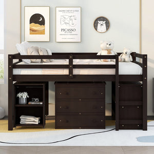 English Elm Low Full Loft Bed with Rolling Desk Storage Cabinet Kids Room Espresso Pine LT000313AAP-1