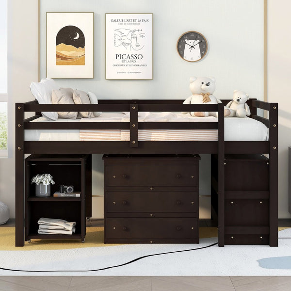 English Elm Low Full Loft Bed with Rolling Desk Storage Cabinet Kids Room Espresso Pine LT000313AAP