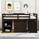 Hearth and Haven Moore Low Study Full Size Loft Bed with Cabinet and Rolling Portable Desk, Espresso LT000313AAP