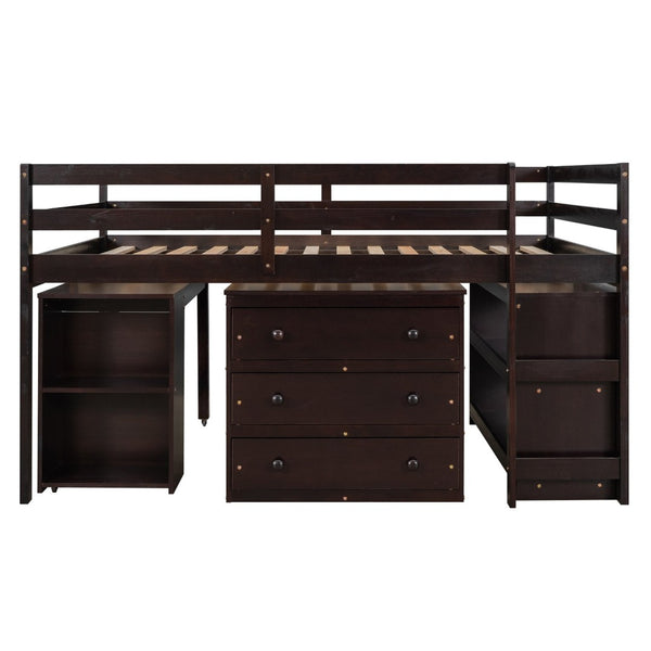 English Elm Low Full Loft Bed with Rolling Desk Storage Cabinet Kids Room Espresso Pine LT000313AAP-1