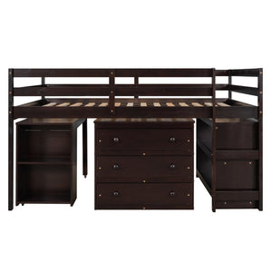 English Elm Low Full Loft Bed with Rolling Desk Storage Cabinet Kids Room Espresso Pine LT000313AAP