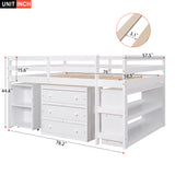 Hearth and Haven Moore Low Study Full Size Loft Bed with Cabinet and Rolling Portable Desk, White LT000313AAK