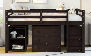 English Elm Low Full Loft Bed with Rolling Desk Storage Cabinet Kids Room Espresso Pine LT000313AAP-1