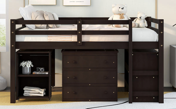 English Elm Low Full Loft Bed with Rolling Desk Storage Cabinet Kids Room Espresso Pine LT000313AAP-1