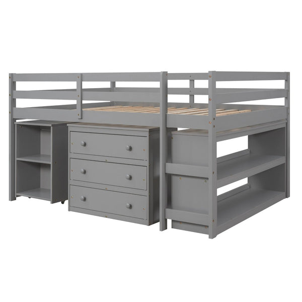 English Elm Low Full Loft Bed with Rolling Desk Storage Cabinet Kids Room Espresso Pine LT000313AAE