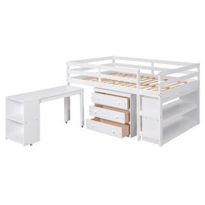 English Elm Low Full Loft Bed with Rolling Desk Storage Cabinet Kids Room Espresso Pine White LT000313AAK-1