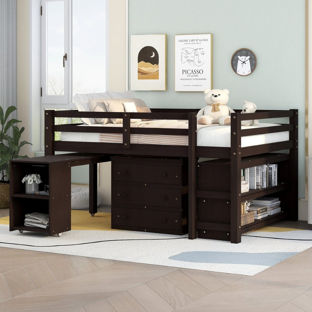 English Elm Low Full Loft Bed with Rolling Desk Storage Cabinet Kids Room Espresso Pine LT000313AAP