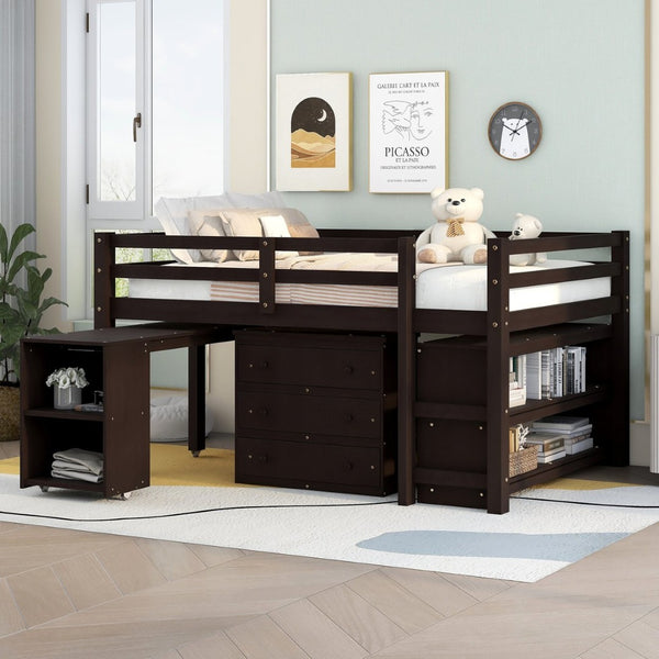 English Elm Low Full Loft Bed with Rolling Desk Storage Cabinet Kids Room Espresso Pine LT000313AAP