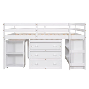 English Elm Low Full Loft Bed with Rolling Desk Storage Cabinet Kids Room Espresso Pine White LT000313AAK-1