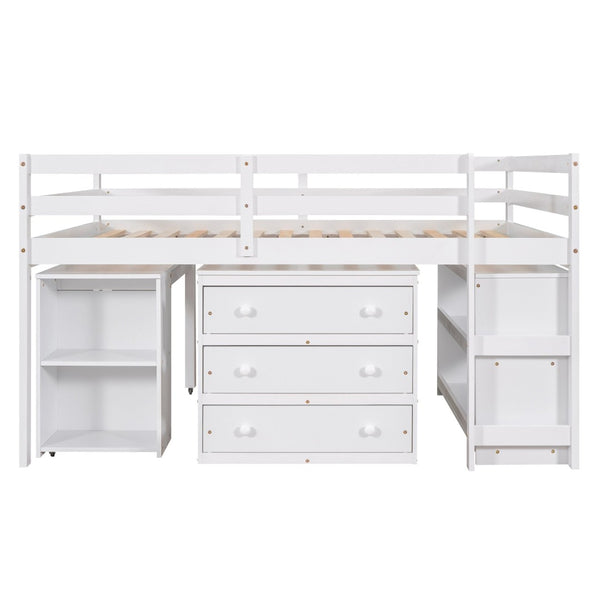English Elm Low Full Loft Bed with Rolling Desk Storage Cabinet Kids Room Espresso Pine White LT000313AAK-1