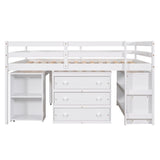 Hearth and Haven Moore Low Study Full Size Loft Bed with Cabinet and Rolling Portable Desk, White LT000313AAK