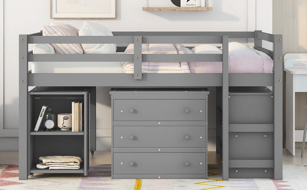 English Elm Low Full Loft Bed with Rolling Desk Storage Cabinet Kids Room Espresso Pine Gray LT000313AAE-1