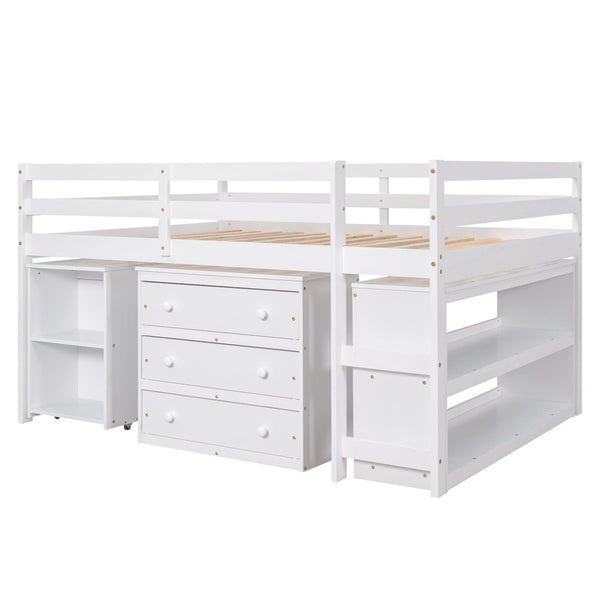 English Elm Low Full Loft Bed with Rolling Desk Storage Cabinet Kids Room Espresso Pine White LT000313AAK-1