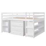 Hearth and Haven Moore Low Study Full Size Loft Bed with Cabinet and Rolling Portable Desk, White LT000313AAK