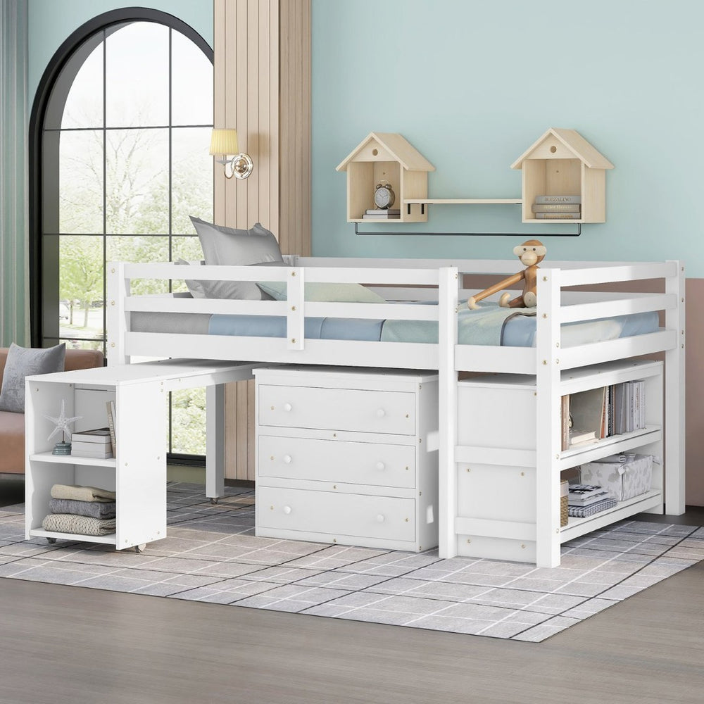 English Elm Low Full Loft Bed with Rolling Desk Storage Cabinet Kids Room Espresso Pine White LT000313AAK-1