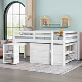 Hearth and Haven Moore Low Study Full Size Loft Bed with Cabinet and Rolling Portable Desk, White LT000313AAK