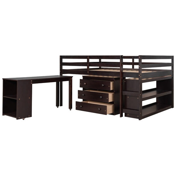 English Elm Low Full Loft Bed with Rolling Desk Storage Cabinet Kids Room Espresso Pine LT000313AAP