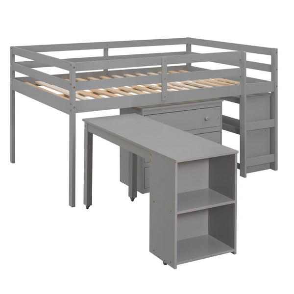 English Elm Low Full Loft Bed with Rolling Desk Storage Cabinet Kids Room Espresso Pine LT000313AAE